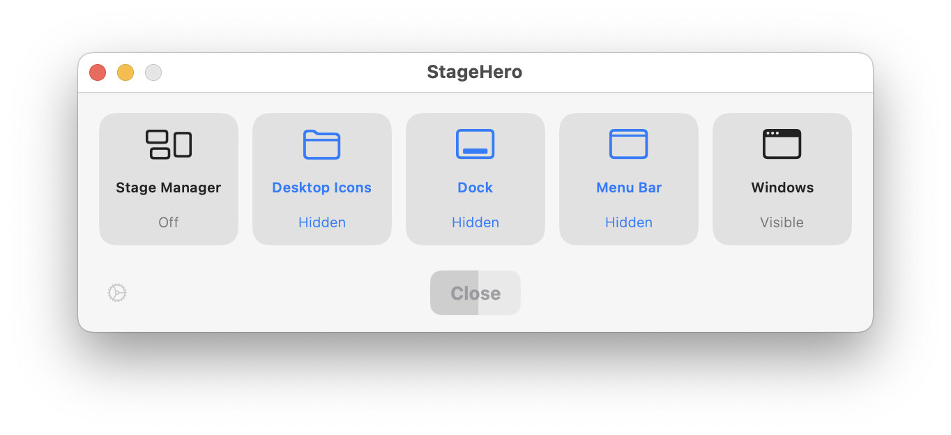 StageHero Quick Controller Interface showing controls for Stage Manager, Desktop Icons, Dock, and Menubar visibility